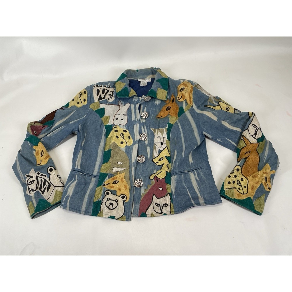 Anage Blue Cotton Safari Animal Design‎ Jacket Embroidered Womens Size M